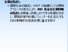 支援の見直し 	国際社会の潮流とUNDPの組織としての援助アプローチの変化により、WID基金の支援戦略の見直しを実施。政策により大きな影響を及ぼし、開発政策や計画にジェンダーを主流化するための戦略的な投資支援に重点を移行 
