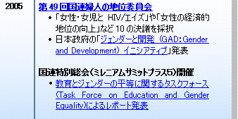 2005 49񍑘Awl̒nʈψ 	uEHIV/GCYvǔoϓInʂ̌vȂ10̌c̑ 	{{́uWF_[ƊJ (GADFGender and Development) CjVAeBuv\  Aʑi~jAT~bgvXTjJ 	ƃWF_[̕Ɋւ^XNtH[X(Task Force on Education and Gender Equality)ɂ郌|[g\ 