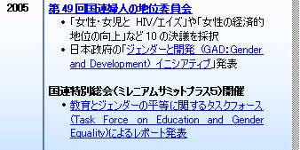 2005 第49回国連婦人の地位委員会 	「女性・女児とHIV/エイズ」や「女性の経済的地位の向上」など10の決議を採択 	日本政府の「ジェンダーと開発 (GAD：Gender and Development) イニシアティブ」発表  国連特別総会（ミレニアムサミットプラス５）開催 σ	教育とジェンダーの平等に関するタスクフォース(Task Force on Education and Gender Equality)によるレポート発表 